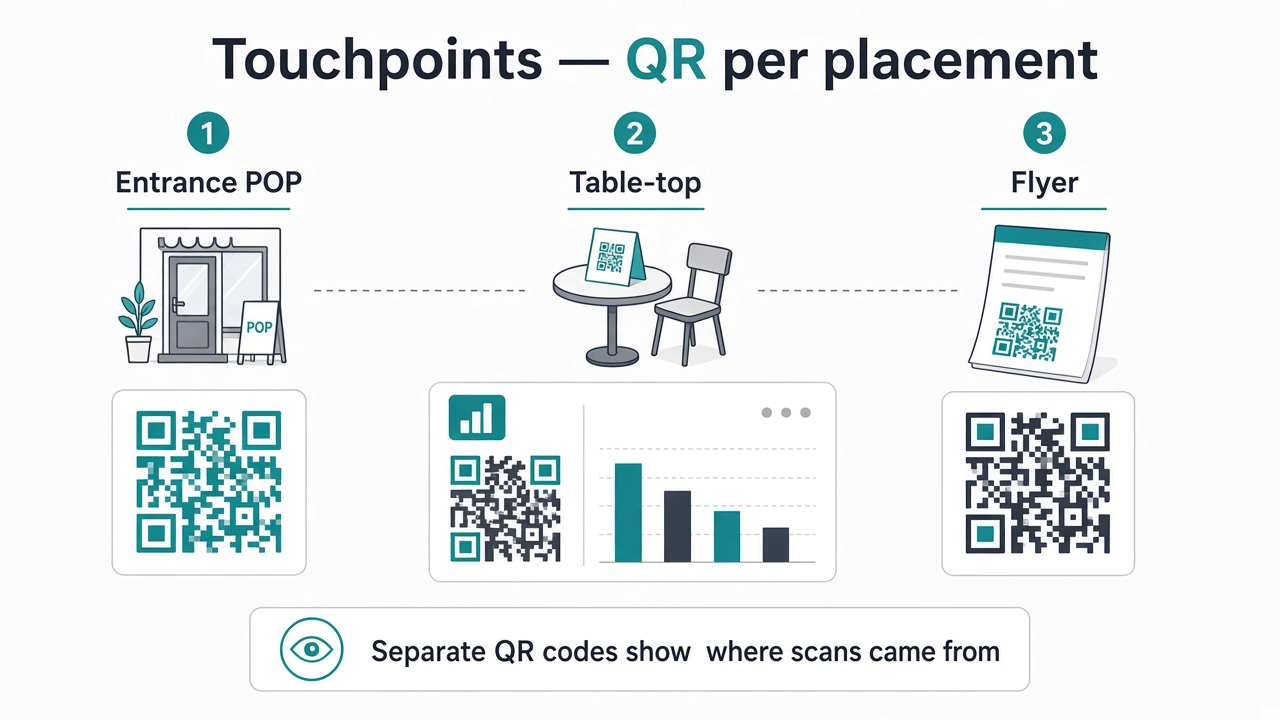 Touchpoints by placement (entrance · table-top · flyer)