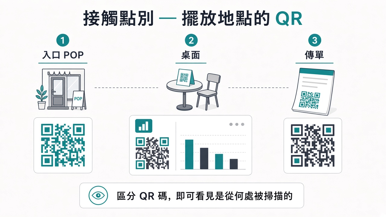 分接點示意（入口·桌面·傳單）