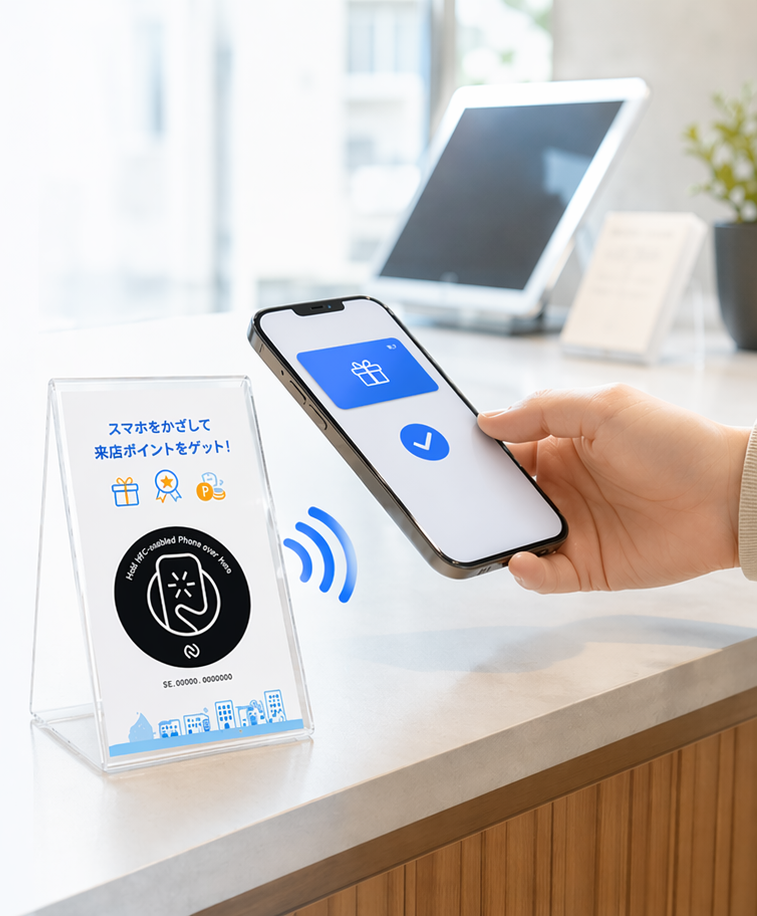店舗NFCプレートにスマホをかざして来店ポイントを獲得するイメージ