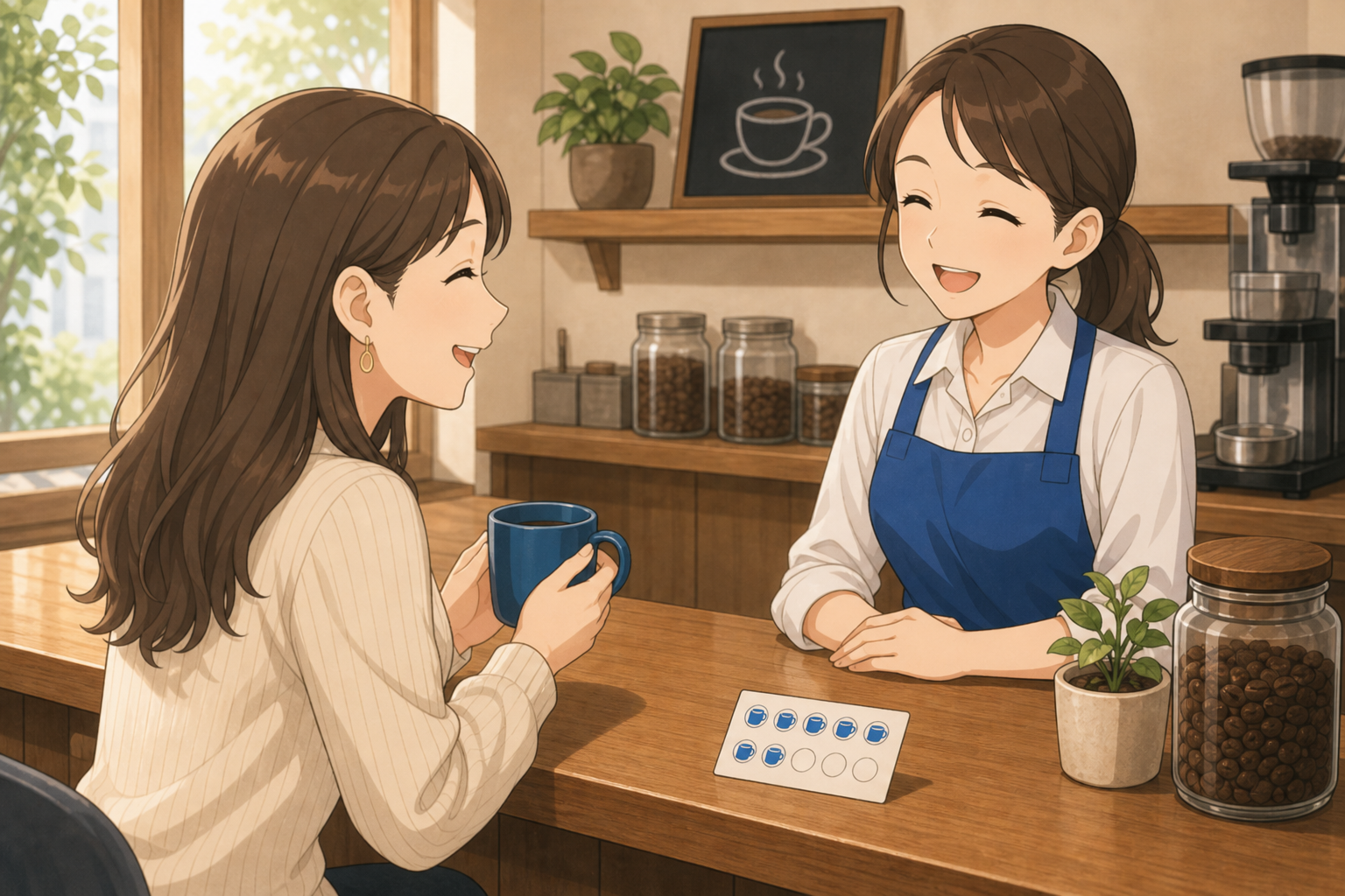 常連客と店員が親しげに迎え合うカフェ。スタンプカードの進捗が見える再来店・利用促進のイメージ