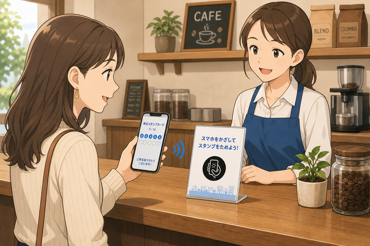 カフェでスマホをかざして来店スタンプを取得するイメージ