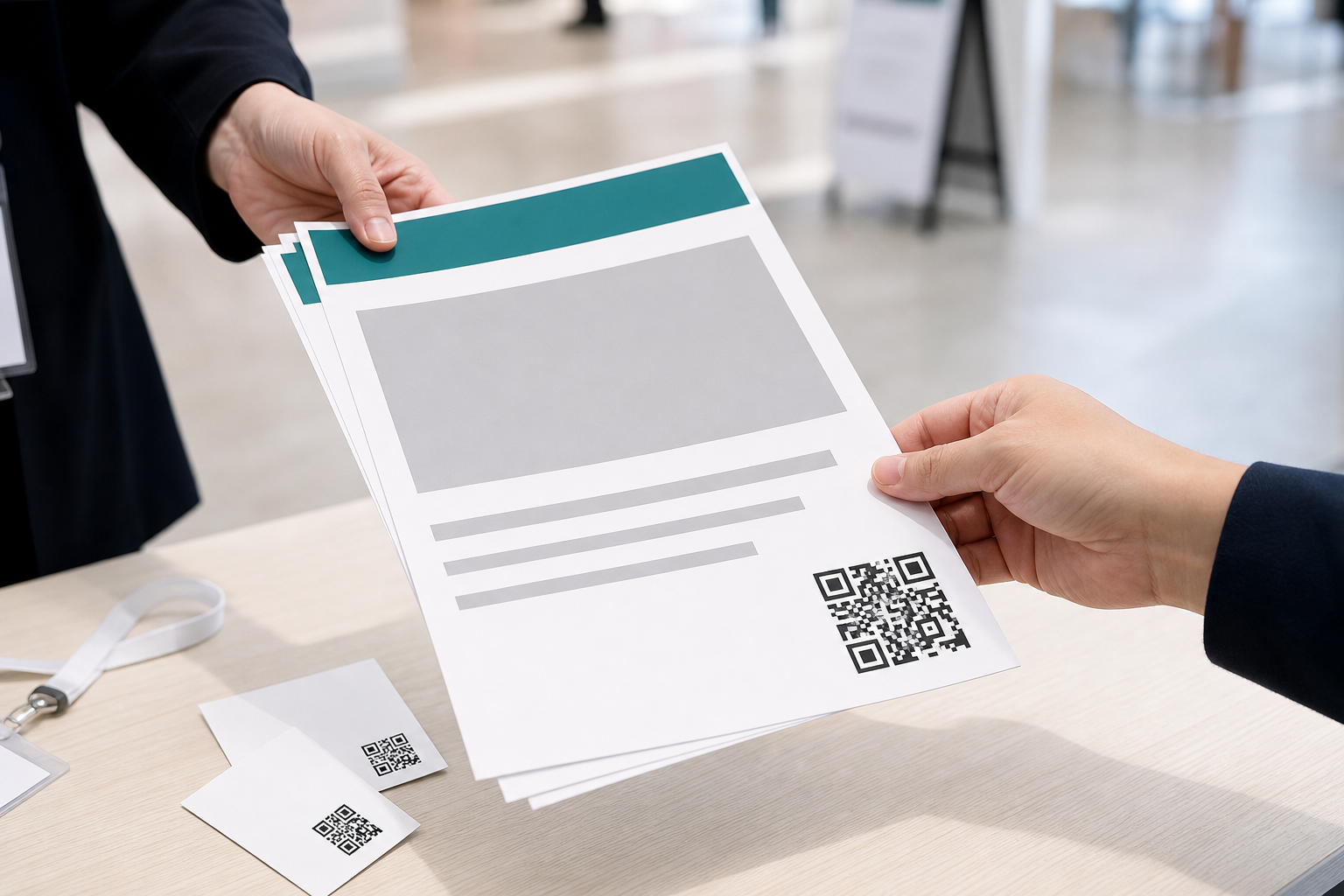 チラシと名刺に印刷された QR。手渡し · 配布のイメージ
