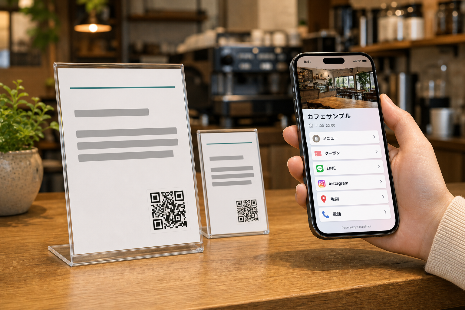 飲食店の店頭 POP と卓上 QR。来店者がスマホで読み取るイメージ